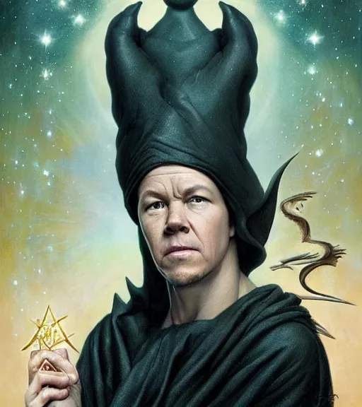 Image similar to A Magical Portrait of Mark Wahlberg as Aleister Crowley the Great Mage of Thelema, art by Tom Bagshaw and Wayne Barlowe and John Jude Palencar