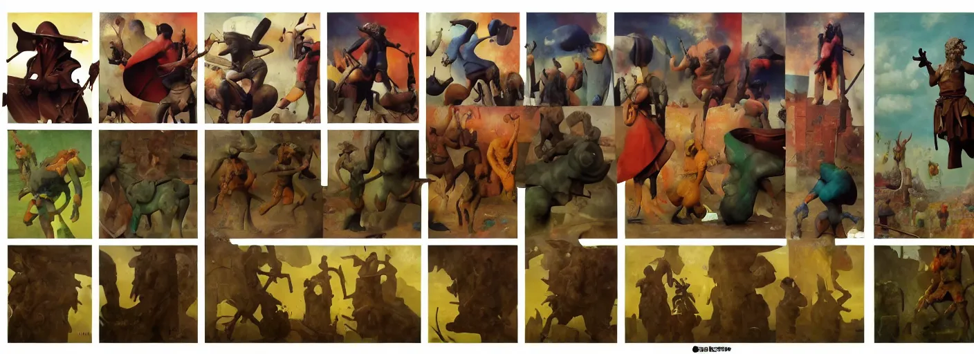 Image similar to full - body portrait surreal colorful clay fighting artstation rpg barbarian character concept art anatomy, action pose, very coherent and colorful high contrast masterpiece by norman rockwell franz sedlacek hieronymus bosch dean ellis simon stalenhag rene magritte gediminas pranckevicius, dark shadows, sunny day, hard lighting, reference sheet white! background