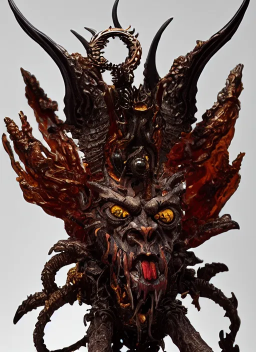 Image similar to high intricate sculpture of a baroque hellfire demon made of porclain, studio light, maria panfilova, andrea savchenko, mike kime, ludovic plouffe, qi sheng luo, oliver cook, trending on artstation