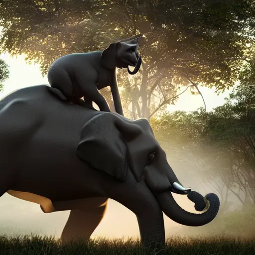 Image similar to a hyperrealistic photograph 3D octane render of a large cat riding on an elephant in central park new york, trending on artstation, 4K, dramatic lighting, glowing, volumetric lighting, ray tracing, unreal engine