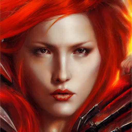 Image similar to red haired female paladin with wings, fiery justice, fine art, 8 k, artstation, by karol bak