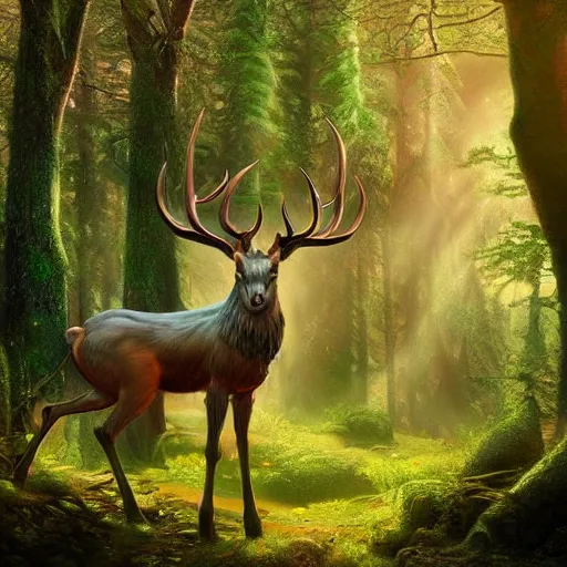 Prompt: hyper realistic beautiful fantasy elven celestial stag, in a magical and beautiful highly detailed forest background. sunlight rays throught the trees. concept digital art 8 k rendering.