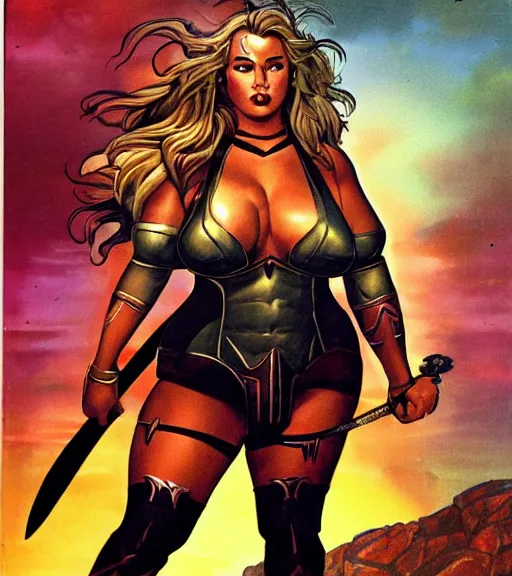 Prompt: 1 9 8 0 s fantasy novel book cover, bbw plus size amazonian peyton list in extremely tight bikini armor wielding a cartoonishly large sword, exaggerated body features, dark and smoky background, low quality print