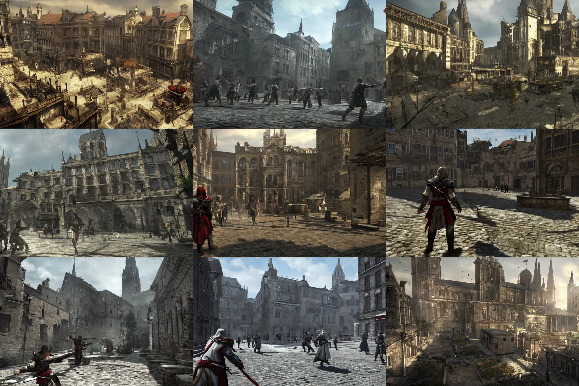 Prompt: a promotional gameplay screenshot of aachen in the video game assassins creed. 3 d rendering. very detailed