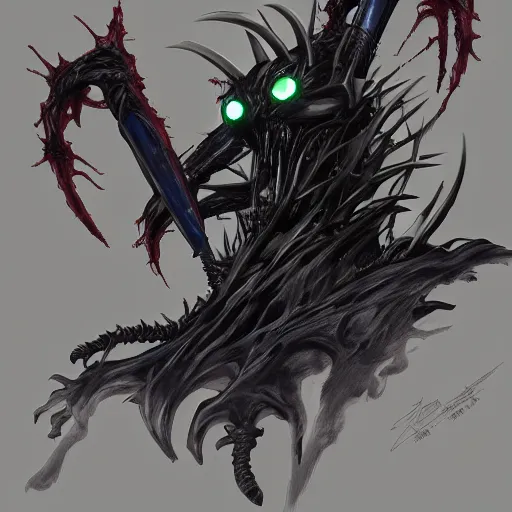 Image similar to Gundam exposed to the symbiote and became Venom.forest,horror, concept art,high detailed,fine art,trending on Artstation, smooth draw,Sharp focus.