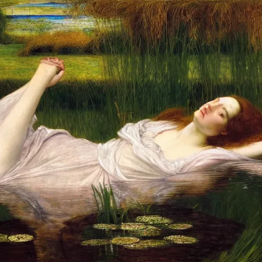 Image similar to breathtaking masterpiece of art, elizabeth eleanor siddall as ophelia floating on the water in wet flowing clothes amongst the reeds by william holman hunt and rosetti, 8 k