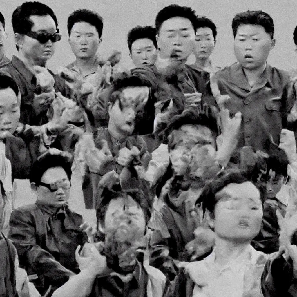 Image similar to low resolution filmstill of a north Korean thriller in the style of Kim Jong-il and Shinya Tsukamoto