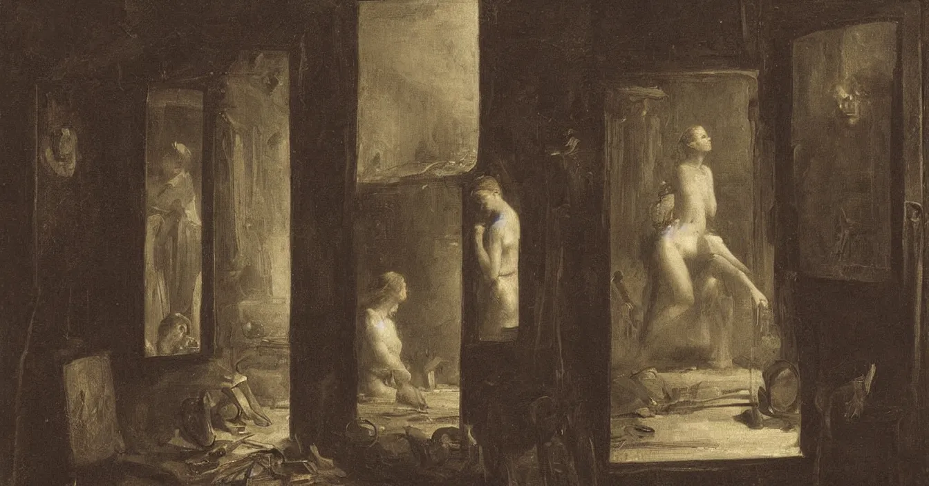 Image similar to dark secret world behind mirror with very deep stillness, dimension of still moment, by augustus edwin mulready