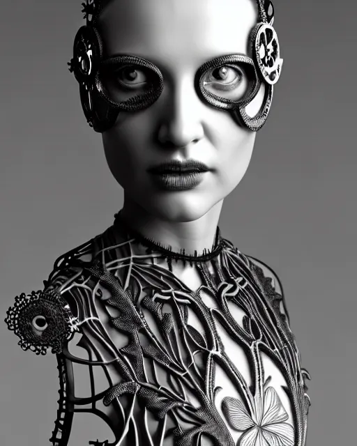 Image similar to monochrome 3 d model, 1 9 1 0 picture, silver mesh floral steampunk biomechanical beautiful young female cyborg with porcelain profile face and a techno eye, volumetric light, leaves foliage and stems, hibiscus flowers, sinuous fine roots, fine foliage lace, alexander mcqueen, rim light, big gothic fashion pearl embroidered collar, octane render, 8 k