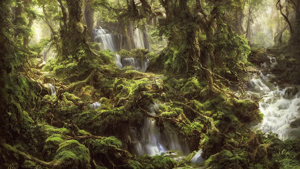 Prompt: an overgrown chasm in the earth leads down into darkness with many small waterfall streams and gnarled exposed tree trunks and roots ponds and wildlife, in a style blend of kunstler and leyendecker and rockwell, fine art, volumetric lighting, intricate details