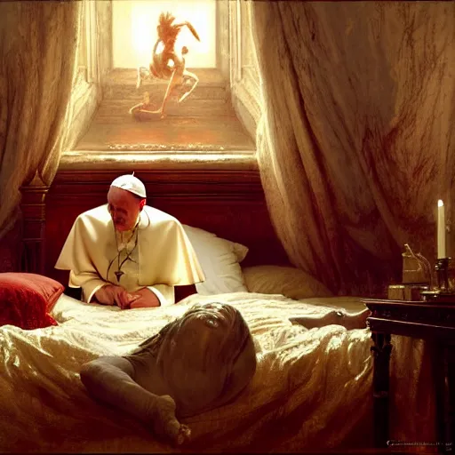 Image similar to the pope is in his bed, terrified, because a double horned shadow demon is in the wallpaper of the bedroom. highly detailed painting by gaston bussiere, greg rutkowski, craig mullins 8 k