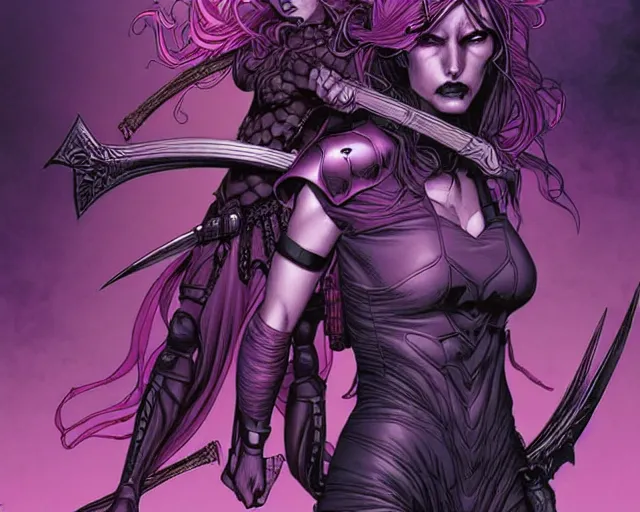 Image similar to fantasy comic cover art of female antihero wearing all battling grim reapers in a purple post apocalyptic hellscape, detailed faces, illustration by jenny frison and sana takeda and kenichi sonoda, intricate details, stunning inking lines, stunning gradient colors, 4 k, hd, artstation, award winning