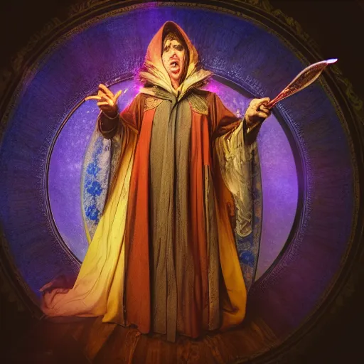 Prompt: a warlock is casting a magic spell, mystic, fantasy, magic, award winning photography, hdr, studio lighting medium close shot, mucha style,