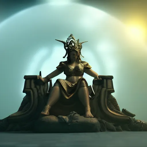 Image similar to cinematic scene with the goddess of war sitting on a majestic throne, dramatic, small details, volumetric lighting, still frame
