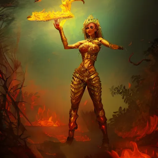 Prompt: fire goddess, skin of flames, body made of fire, wearing armor, rampaging, stormy background, forest fire, breathing fire, fire in hand, concept art, tiny person watching, artstation, 4k