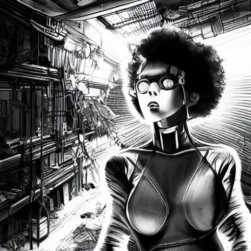 Image similar to scarlett johansson wearing futuristic breathing apparatus, searching an derelict dark hallway of a abandoned spaceship with a flashlight, afro samurai anime style, black and white, pencil and ink manga panels showing different angles of scene