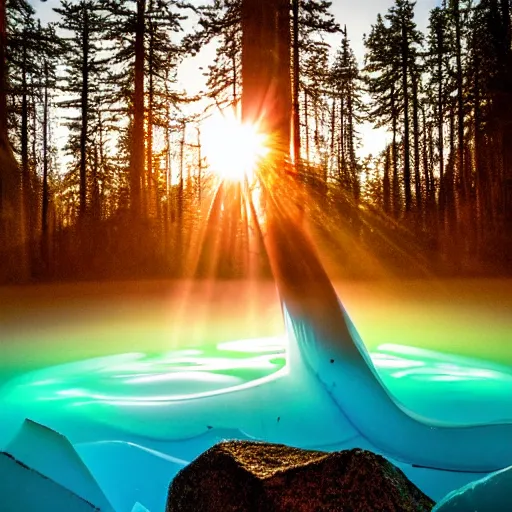 Image similar to abstract ice sculpture of a nebula hovering above a clear blue lake in a clearing in the middle of an evergreen forest at dawn