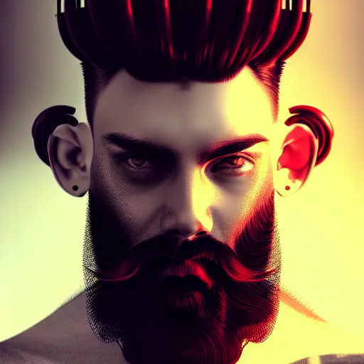 Image similar to bearded man with extremely large and intricate haircut with angry red eyes and slim features looking askance, eye cyberpunk bionics, retro futurist style, intricate, elegant gleaming intricate baroque jewelry, angelic halo, highly detailed, digital painting, artstation, concept art, smooth, sharp focus, illustration, art by wlop, mars ravelo and greg rutkowski,