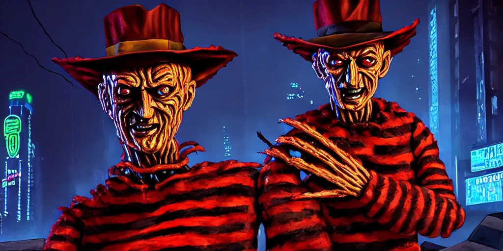 Image similar to a portrait of freddy krueger in a cyberpunk city, pixar, dramatic lighting