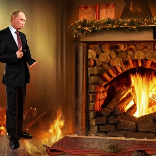 Prompt: vladimir putin in a waistcoat staring at a log fire jelious girlfriend, 1 5 0 mm lighting effect