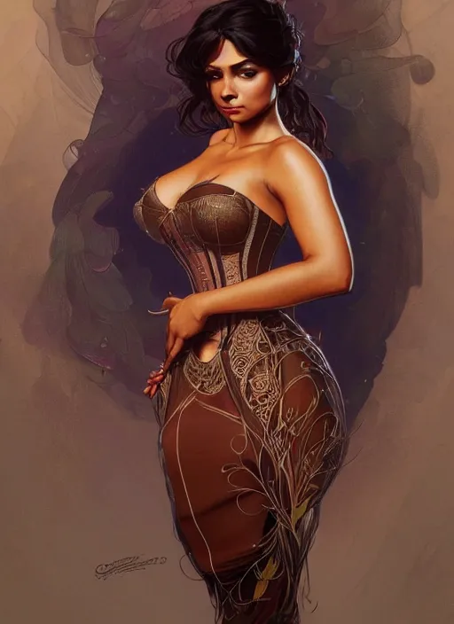 Image similar to cute brown woman wearing a transparent corset dress, fantasy, intricate, highly detailed, digital painting, artstation, concept art, wallpaper, smooth, sharp focus, illustration, art by artgerm and greg rutkowski and alphonse mucha