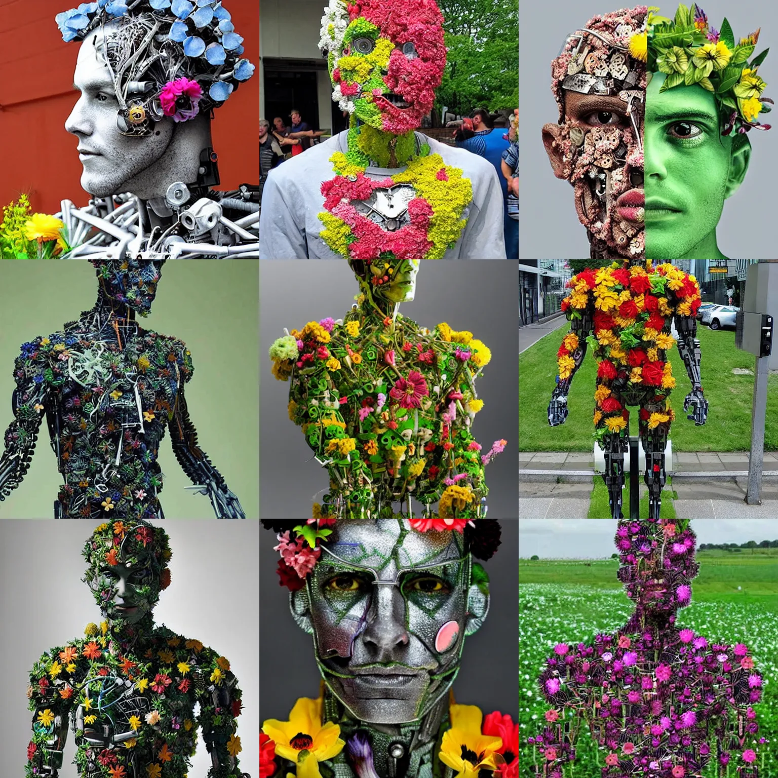 Prompt: A half cyborg man made from flowers