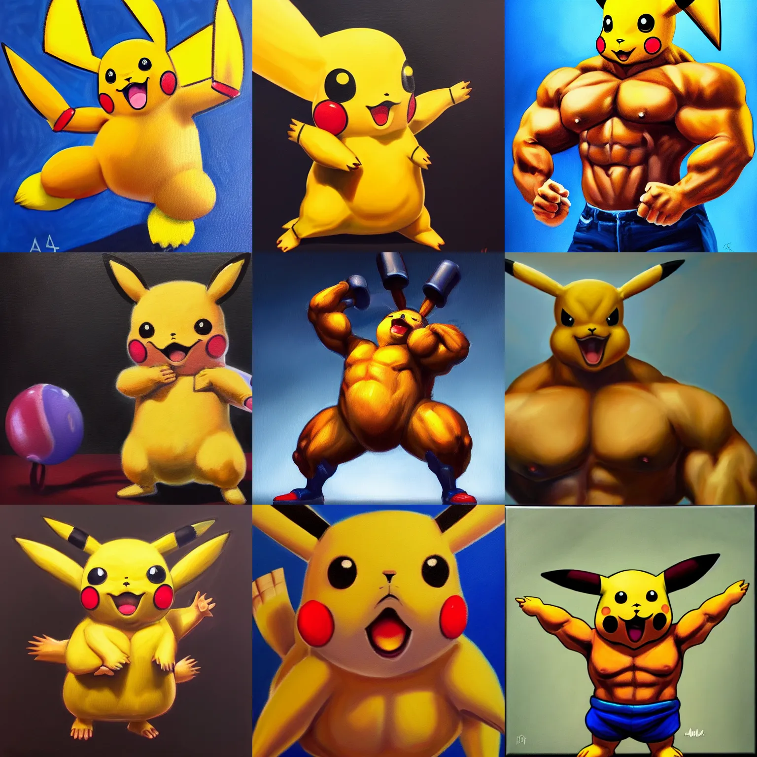 Image similar to oil painting of a buffed pikachu with big muscles, trending on artstation, 4k