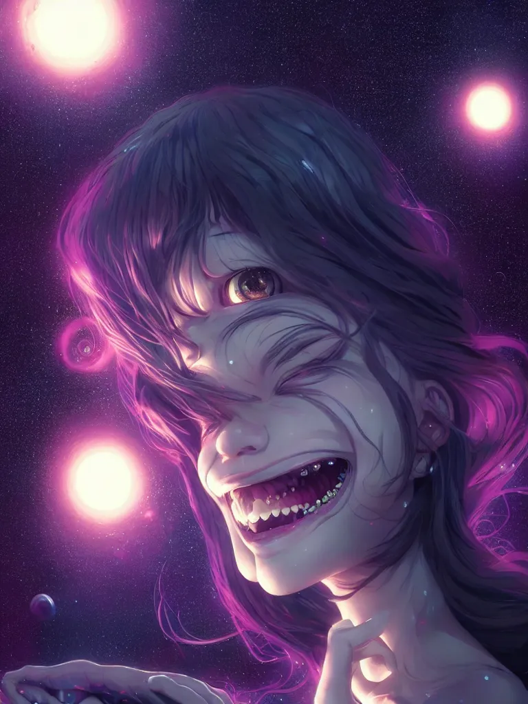 Prompt: azathoth girl smiling so happily, dress made out milky way, occlusion shadow, specular reflection, rim light, unreal engine, artgerm, artstation, art by hiroaki samura and ilya kuvshinov and ossdraws, intricate, highly detailed 8 k, cosmic horror illustration, extremely beautiful and aesthetic shape of face and body