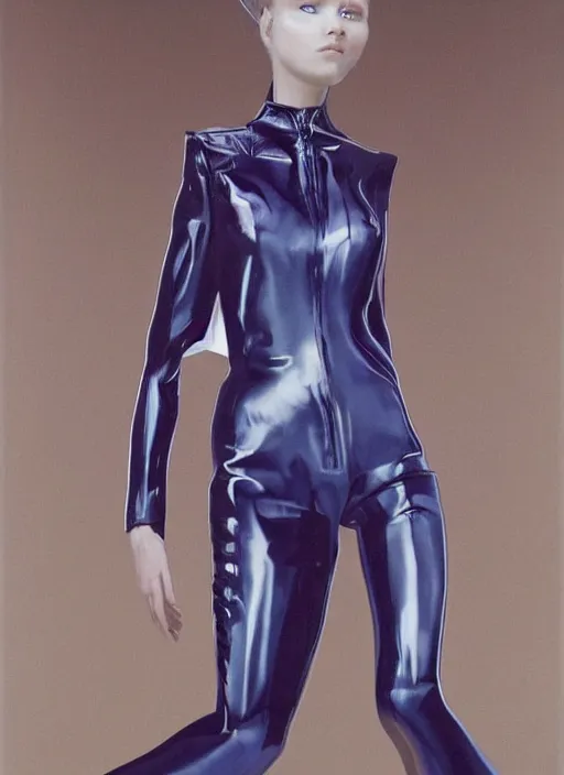 Image similar to an early 0 0's digital portrait of a beautiful girl detailed features wearing a pilot latex suit wedding dress - chic trend. lots of zippers, pockets, synthetic materials, jumpsuits. by balenciaga and issey miyake by ichiro tanida and mitsuo katsui