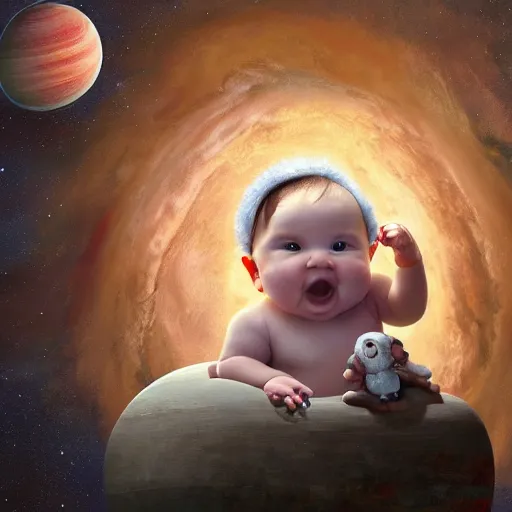 Image similar to all of the planets revolving around a giant Baby, beautiful, oil on canvas, intricate, 8k highly professionally detailed, HDR, CGsociety