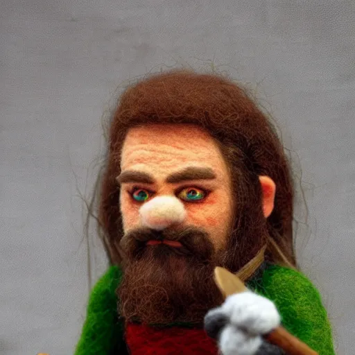 Image similar to needle felted gimli from the return of the king (2003), highly detailed, tilt shift, eerie!!!, hyperrealism, highly textured, god rays