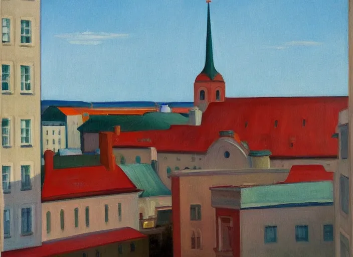 Image similar to a view of a finnish town from a hotel window in the afternoon, oil painting by edward hopper