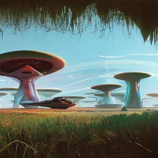 Prompt: unexplored, vibrant alien world seen through an abandoned sci - fi portal in the middle of a grass field, syd mead, john harris
