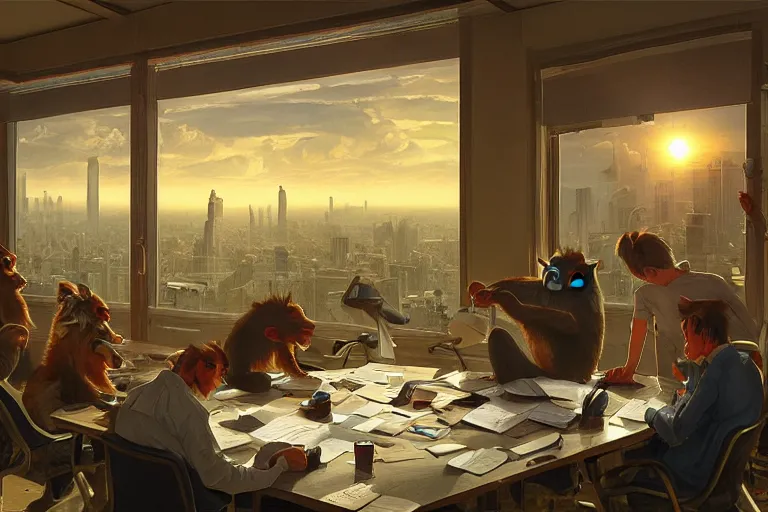 Image similar to monkey employees setting on glorious meeting room, papers and bananas scattered on the table, sunset, buildings and skyline showing from windows, fine art, artstation, matte painting, masterpiece by vasnetsov