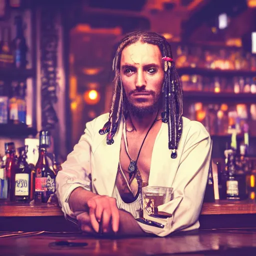 Image similar to high quality portrait of a pirate bartender in a cyberpunk cyberpunk cyberpunk cafe, realism, 8k, award winning photo