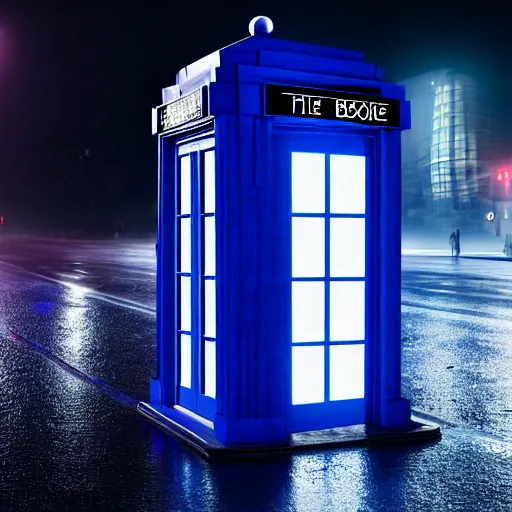 Image similar to a hyperdetailed photograph of the tardis sat on a futuristic street corner, night, dense fog, rain, hd, 8 k resolution