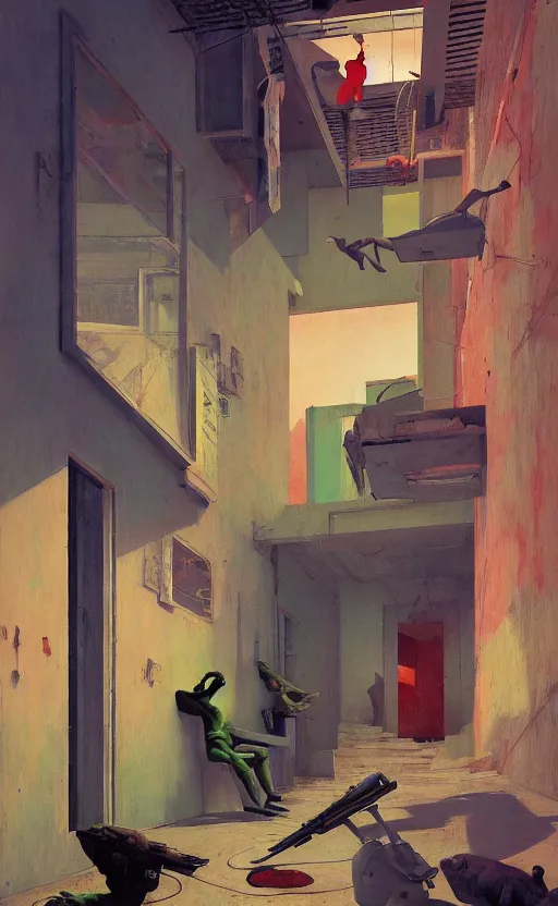 Image similar to Inside a Favela, very coherent, painted by Edward Hopper, Wayne Barlowe, painted by James Gilleard, airbrush, art by JamesJean