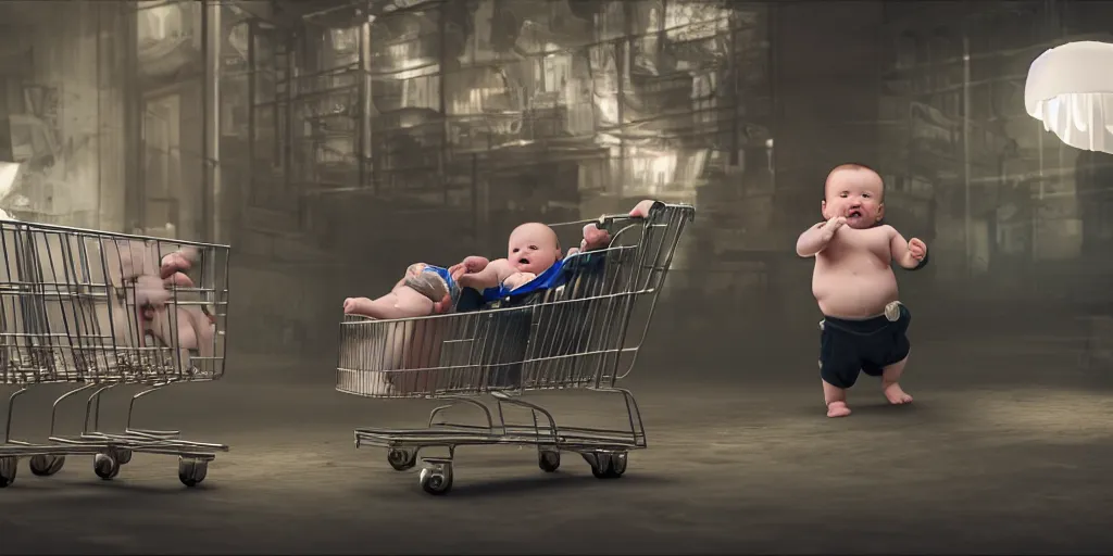 Image similar to beer drinking baby in diapers with a shopping cart, dim volumetric lighting, 8 k octane beautifully detailed render, post - processing, extremely hyper - detailed, intricate, epic composition, cinematic lighting, masterpiece, detailed detailed detailed, masterpiece, stunning art, wonderful masterpiece, beautiful cinematic light