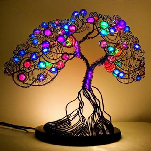 Image similar to intricate wire tree with agate accents, delicate, magnificent design, masterpiece, colorful, surreal, elaborate, dramatic lighting