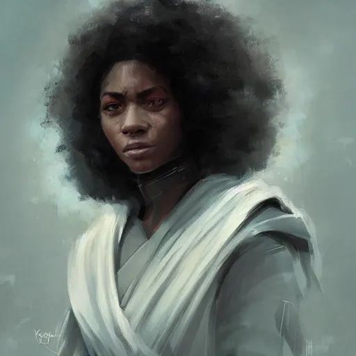 Image similar to portrait of a woman by greg rutkowski, youn jedi knight, black, afro hair, prettt, star wars expanded universe, she is about 2 0 years old, wearing jedi robes, highly detailed portrait, digital painting, artstation, concept art, smooth, sharp foccus ilustration, artstation hq