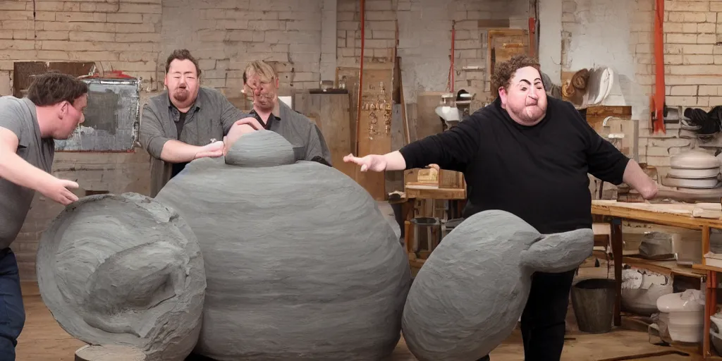 Prompt: johnny vegas making a very large clay teapot, art school, studio, wet clay, photorealistic, interview, stand up comedy, audience, stage