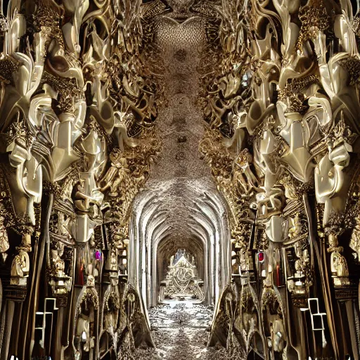Prompt: a hyperrealistic cgi render of a delicate ivory sculpture of an ornate detailed cathedral populated by mandelbrot fractals by android jones, micro detail, unreal engine, volumetric lighting, dramatic lighting, psychedelic, octane renderer, catholicpunk, glowing, white color scheme, photorealistic, physically based rendering, angelic, colorful, carved soap, trending on cgsociety