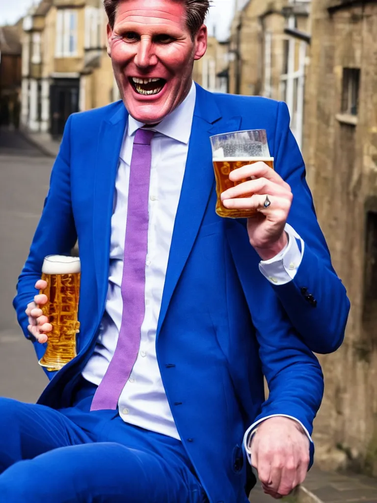 Image similar to Sir Kier Starmer wearing a blue suit laughing and drinking a big pint of lager