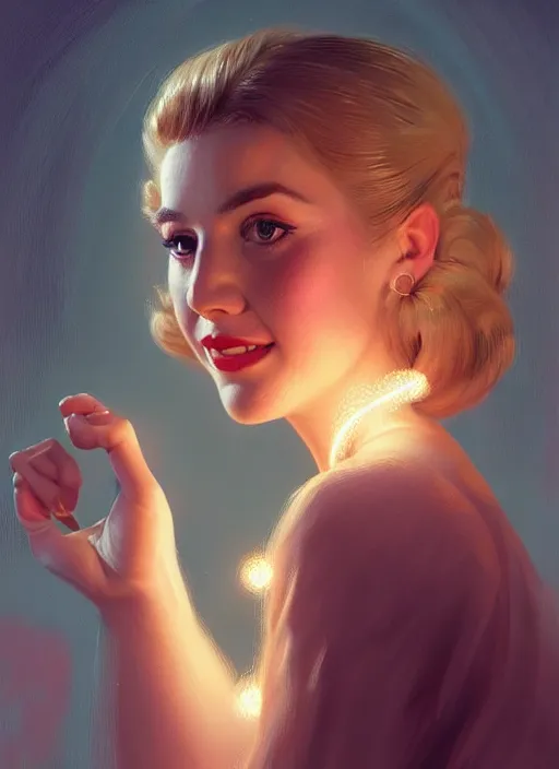 Image similar to portrait of betty cooper with fluffy bangs, bangs, 1 9 6 0 s, ponytail, curly bangs and ponytail, rounder face, intricate, elegant, glowing lights, highly detailed, digital painting, artstation, concept art, smooth, sharp focus, illustration, art by wlop, mars ravelo and greg rutkowski