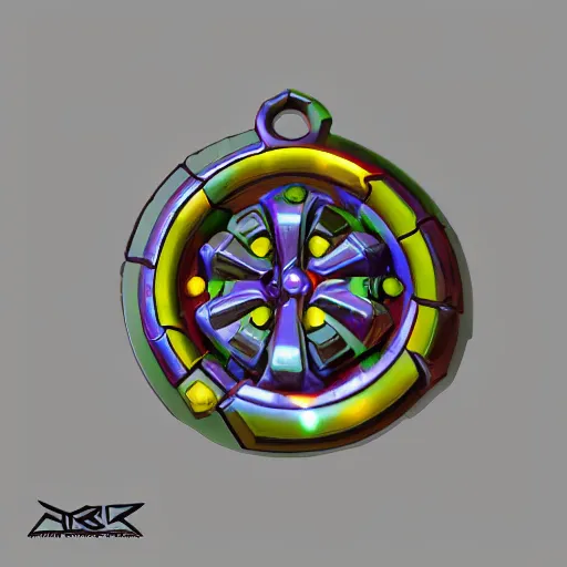 Image similar to a stylised colorful metal key, key is on the center, rpg game inventory item, rim light, outer glow, on the white background, high poly vray, stylised textures, trending on artstation