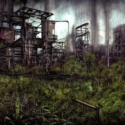 Image similar to hyper-industrial steam punk abandoned city photo overgrown taken at dusk, realistic painting, sad themed