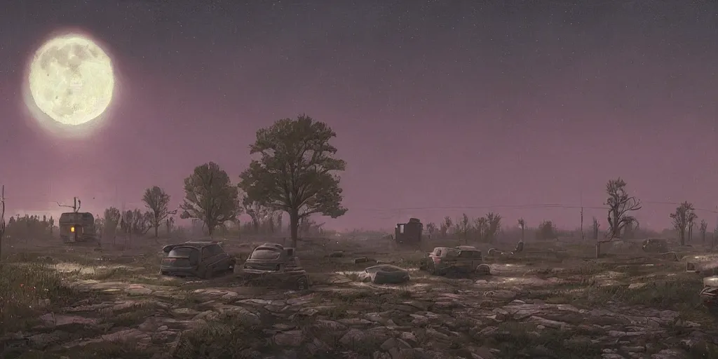 Prompt: abandoned civilisation at full moon night, landscape painted by simon stalenhag