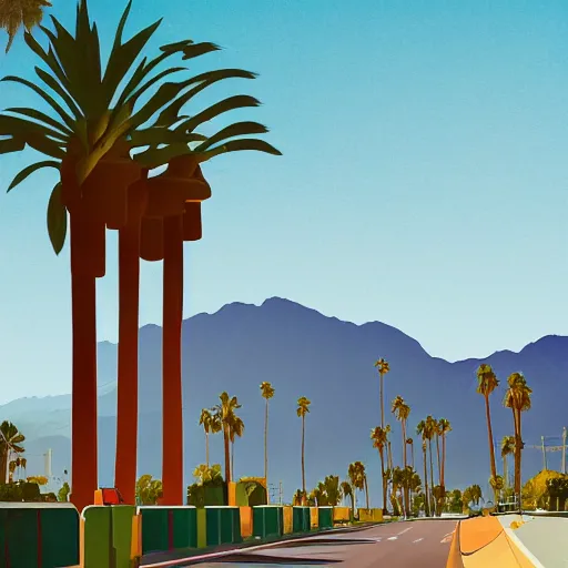 Image similar to a beautiful illustration of palm springs by James gilleard, wind turbines, palm trees, mountains, artstation HD, geometric lines, HD, 4k, 8k