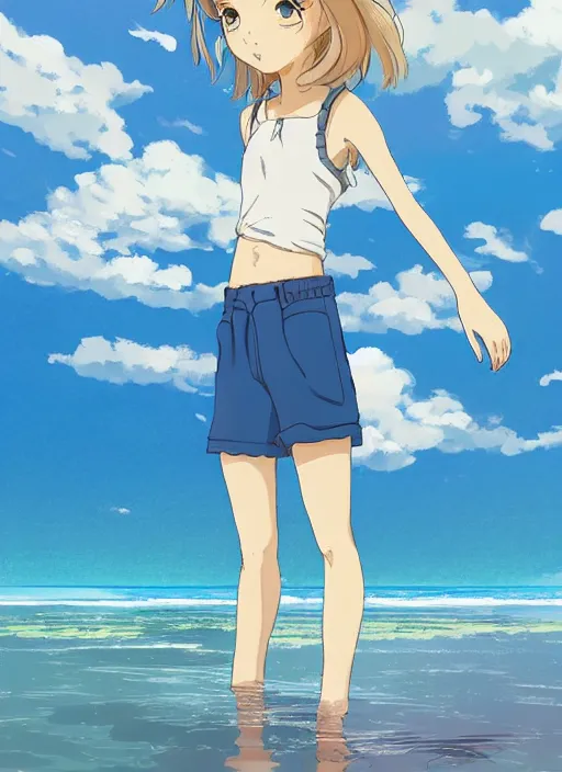 Image similar to girl at a beach, happy, beautiful, finely detailed, made by ross tran, studio ghibli, full body portrait, illustration, shinny water, shinny sand, sunny, anime, front view, perfect anime face, realistic face, zoomed out, smooth, blue eyes, high waisted shorts, sharp focus