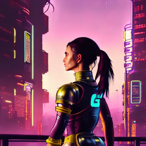 Prompt: beautiful female knight, with ponytail hair, cyberpunk 2077, city background, rainy night, neon glow concept art, sharp focus, intricate, digital painting, artstation, official media, anime key visual, highly detailed, rich vivid colors ambient lighting, illustration, art by Artgerm, Makoto Shinkai, Ilya Kuvshinov, Lois Van Baarle and Rossdraws